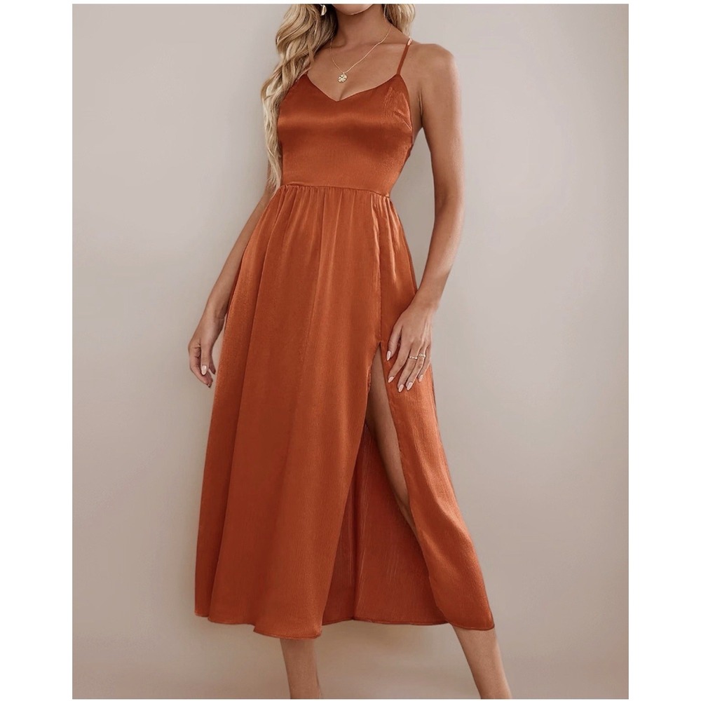 Cupshe Women Large Maxi Dress Spaghetti Strap Backless Dress Burnt Orange Satin